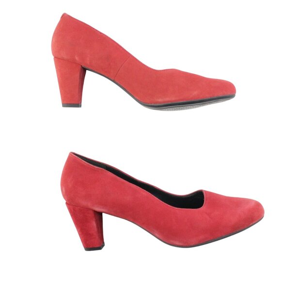 Hotter Womens Sz 8.5M Joanna Red Suede Round Toe Slip On Block High Heels Pump - Picture 5 of 12